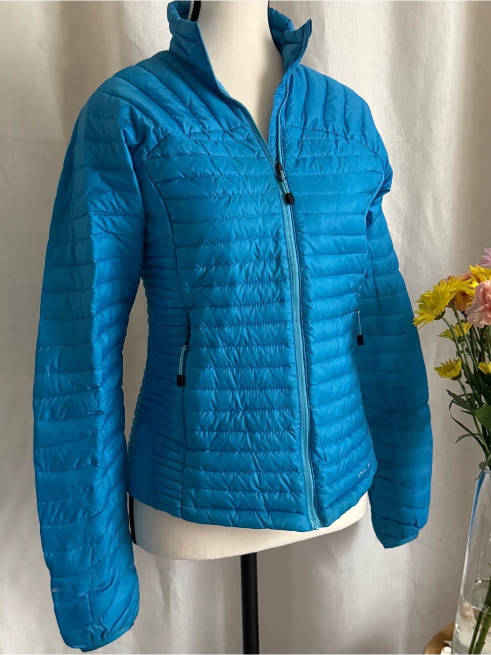 Eddie Bauer Goose Down Puffer Jacket XS Turquoise Blue Stretch Panel Lightweight